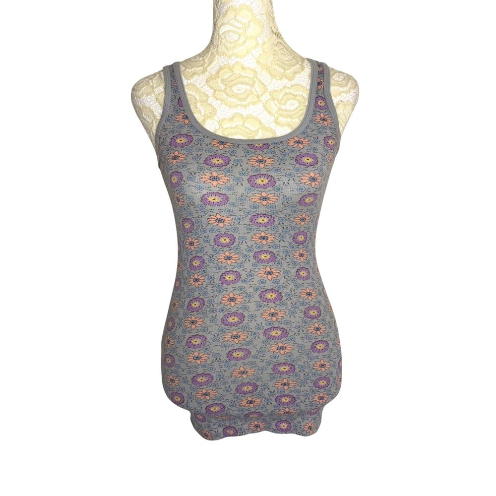 Mossimo Tank Top Long Lean Rib Knit Floral Gray Purple Blue XS